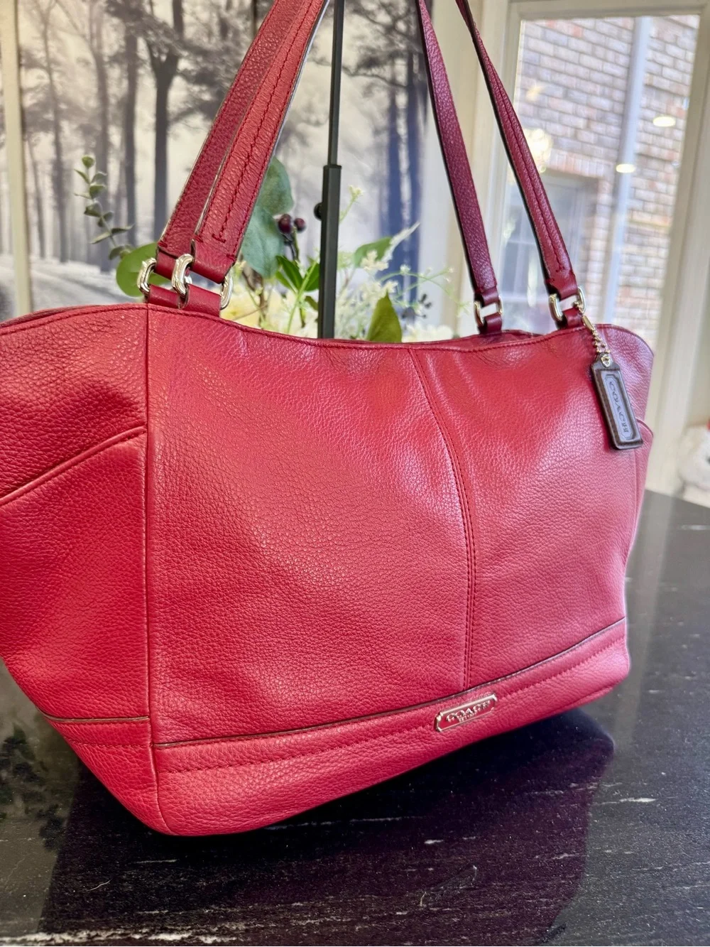♥️Coach Pebbled Leather Tote in Cranberry Red